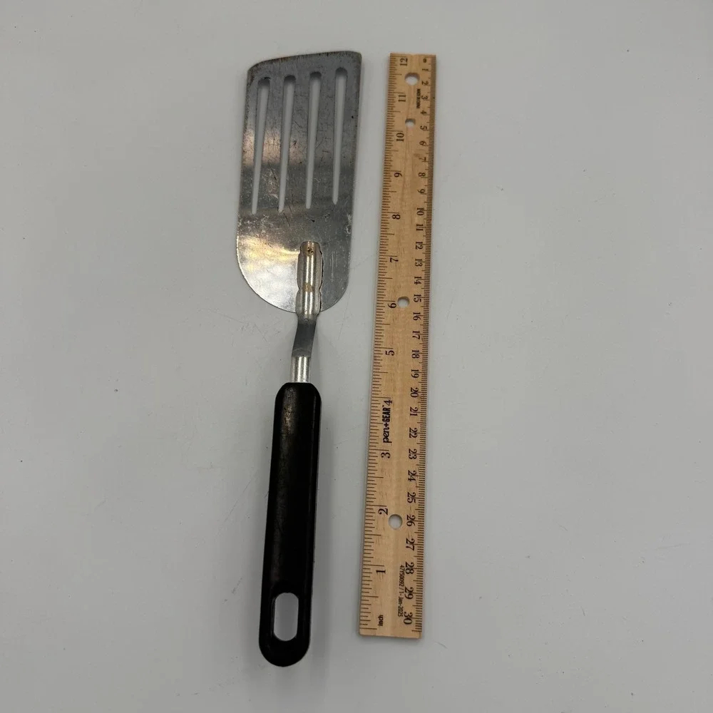 Vintage Koco China Stainless Steel Slotted Spatula Turner Black Plastic Handle